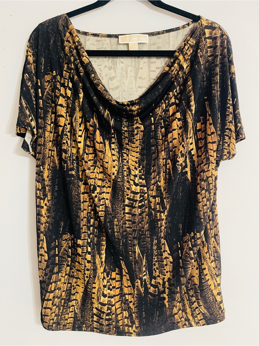 Michael Kors Cowl Neck Drape Top Sz L Abstract Feather Graphic Print Boho Chic